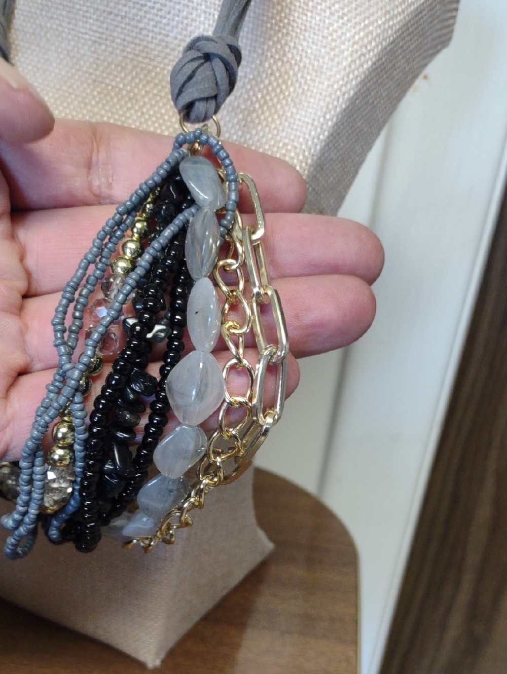 Multi-Strand Gray and Gold Tone Mixed Media Statement Necklace - Picture 2 of 3